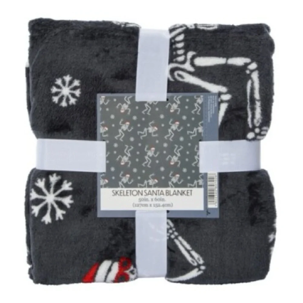 Holiday Print Plush Blanket 50in X 60in - Skeleton Santa Blanket Hallomas NWT